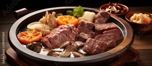 Various types of meat, such as beef, mutton, and tripe, are cooked in a thick broth.