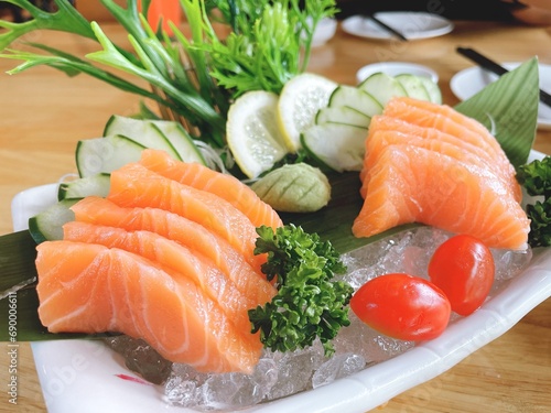Salmon sashimi, a Japanese food, is popular all over the world.