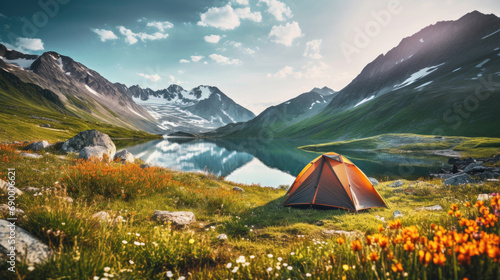 Lonely camping tent in the mountains on the shore of a lake in the summer © Venka