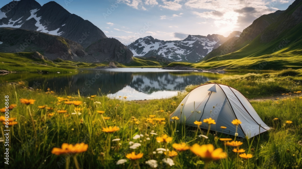 Lonely camping tent in the mountains on the shore of a lake in the summer