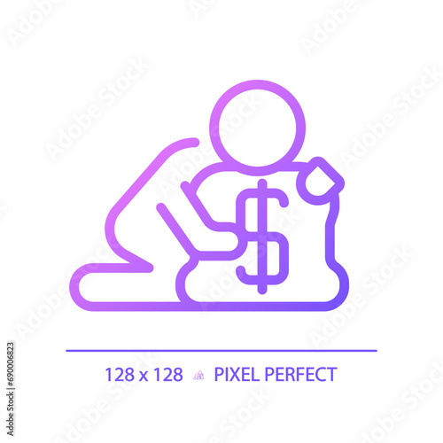 2D pixel perfect gradient greed icon, isolated vector, thin line purple illustration representing psychology.