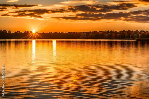 Golden sunset on the lake captured in a mesmerizing stock photo  showcasing the reflective waters of a Minnesota lake bathed in warm hues  the sun setting behind the horizon