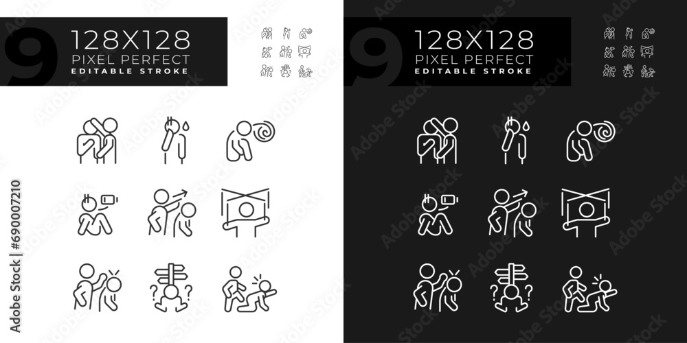 Pixel perfect light and dark icons set representing psychology, editable thin line illustration. Pixel perfect light and dark icons set representing psychology, editable thin line illustration.
