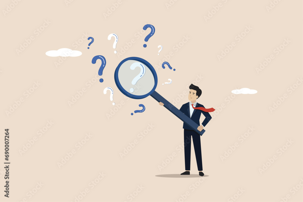 Problem analysis, analyzing or investigating the root cause or incident, finding solutions, businessman with magnifying glass analyzing question marks. Problem analysis, analyzing or investigating the root cause or incident, finding solutions, businessman with magnifying glass analyzing question marks.