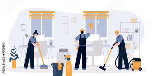 Professional office cleaning services. Male and female characters, cleaning company staff picking up trash, washing window and floor. Office room interior,