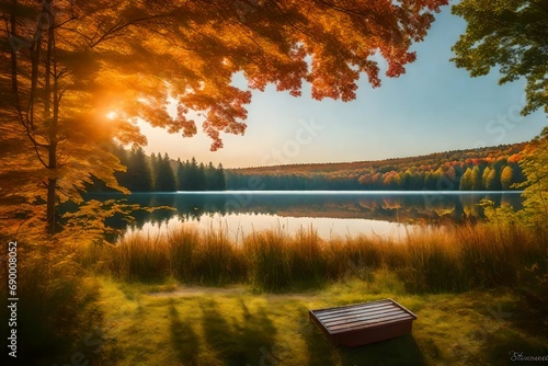 Three-dimensional rendering of a serene lake environment during a golden sunset in Minnesota, capturing the dynamic interplay of light and shadows on the water's surface