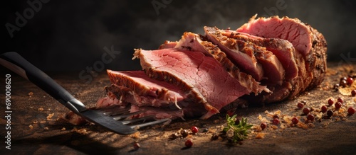 Salt and pepper-seasoned roast beef pastrami slices folded with a big fork. photo