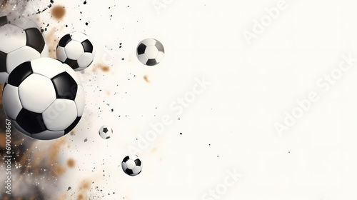 Wallpaper with soccer balls, white background with copy space. Sports template. Banner for birthday cards, invitations, football-themed advertisements. © Derby