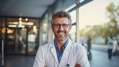 person in front of a medical hospital stock photo