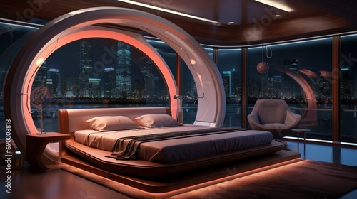 The bedroom, with a floating bed, interactive surfaces, and ambient lighting, creating a high-tech and visually stunning atmosphere for a futuristic escape. © Rafia