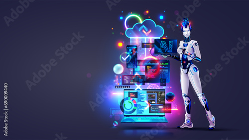 AI online bot software development. Robot woman with AI with laptop in hand. Artificial intelligence technology. Technology of Software development concept. Programming, coding with help AI chatbot.