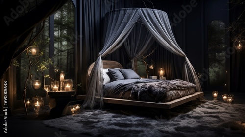 The Nordic Noir Sleeping Nook  with a canopy bed  ambient lighting  and a noir-inspired decor arrangement  creating an atmosphere of sophistication and quiet allure.