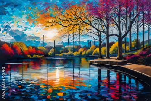 Artistic interpretation of Edgbaston Reservoir, emphasizing the scenic beauty of Birmingham's landscape with vibrant colors and expressive brushstrokes