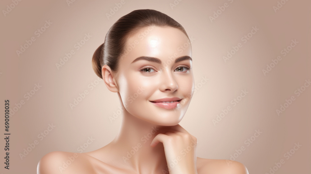 Beautiful woman with beautiful face. Skin care editorial. Female without wrinkles. Beige background Beautiful woman with beautiful face. Skin care editorial. Female without wrinkles. Beige background