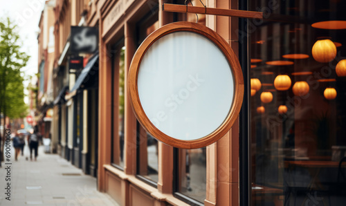 Blank circular storefront signboard with wooden frame hanging on a modern shop facade, ready for branding and mock-up design in an urban setting photo