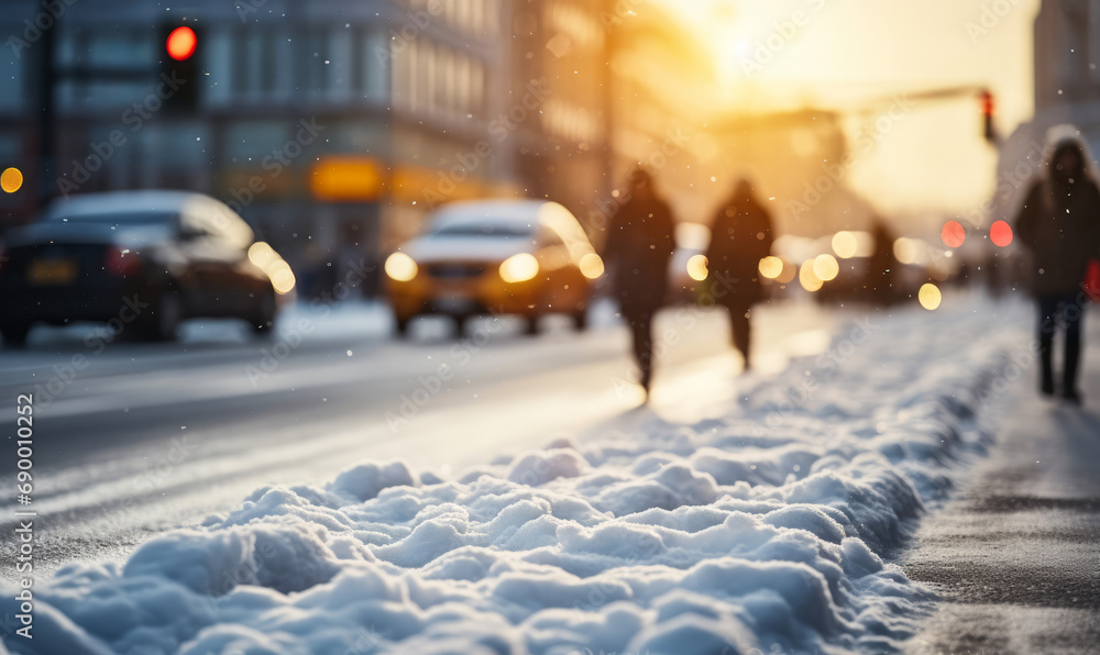 Snowy city scene with blurred traffic and pedestrians on crosswalk, winter morning with glowing sunlight and snowflakes in urban setting
