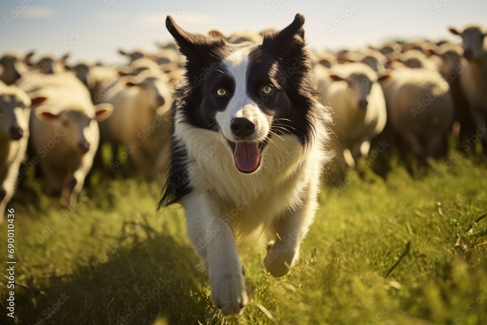 Border Collie sheep dog working a flock of sheep