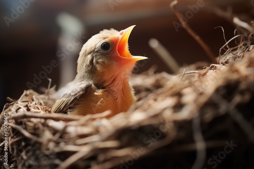 Young bird in nest with open mouth waiting to be fed. © kardaska