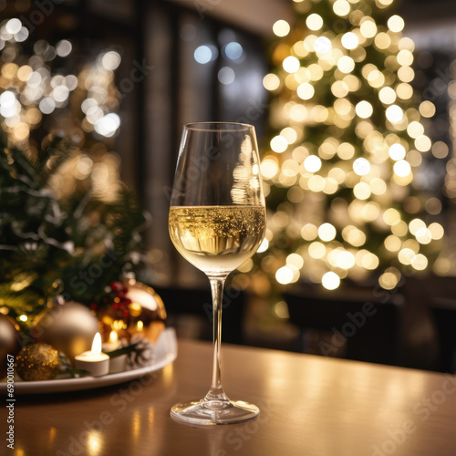 Glasses of champagne and Christmas decor on table against blurred background
