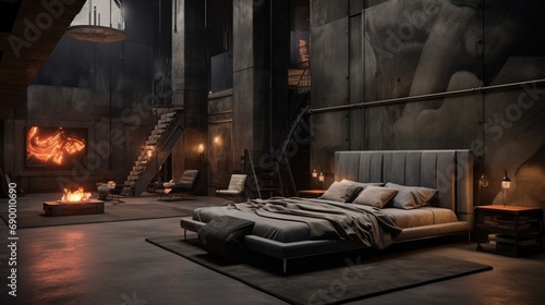 The Industrial Loft Slumber Chamber  with polished concrete floors  distressed leather  and metal finishes  creating an industrial-chic and comfortable environment.