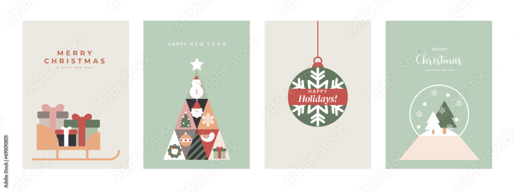 Merry christmas invitation card design vector. Elements of geometric shape, christmas tree, christmas sleigh, snowman, santa, crystal ball, gift. Art design for poster, cover, banner, decoration.