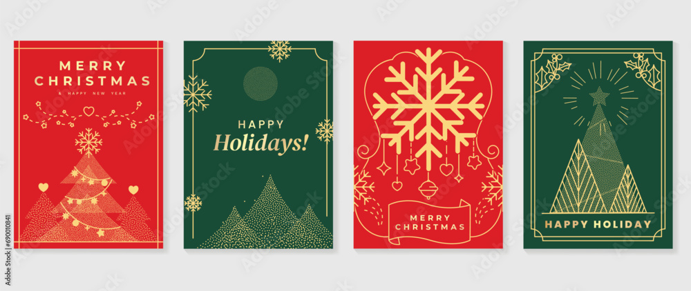 Naklejka premium Luxury christmas invitation card art deco design vector. Christmas tree, bauble ball, snowflake spot and line art on green and red background. Design illustration for cover, poster, wallpaper.