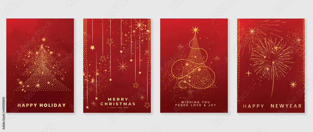 Elegant christmas invitation card art deco design vector. Luxury christmas tree, firework, star, sparkle spot texture on red background. Design illustration for cover, poster, wallpaper. Elegant christmas invitation card art deco design vector. Luxury christmas tree, firework, star, sparkle spot texture on red background. Design illustration for cover, poster, wallpaper.