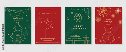 Luxury christmas invitation card art deco design vector. Christmas tree, bauble ball, candle, wreath, snowman line art on green and red background. Design illustration for cover, poster, wallpaper.