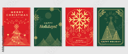 Luxury christmas invitation card art deco design vector. Christmas tree, bauble ball, snowflake spot and line art on green and red background. Design illustration for cover, poster, wallpaper.