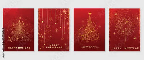 Elegant christmas invitation card art deco design vector. Luxury christmas tree, firework, star, sparkle spot texture on red background. Design illustration for cover, poster, wallpaper.