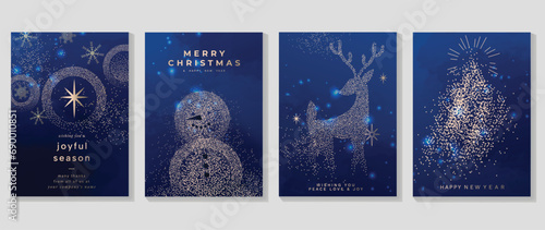 Elegant christmas invitation card art deco design vector. Luxury christmas tree, snowman, reindeer, snowflake spot texture on blue background. Design illustration for cover, poster, wallpaper.