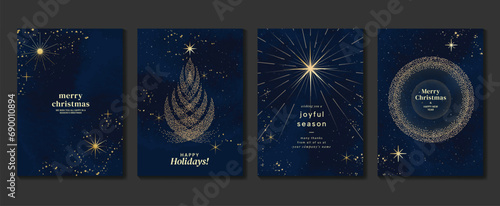 Elegant christmas invitation card art deco design vector. Luxury christmas tree, firework, glitter spot texture on blue background. Design illustration for cover, poster, wallpaper.