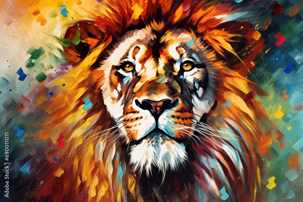 Fototapeta Vibrant and bright and colorful lion animal portrait poster. AI generated