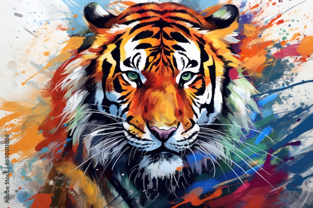 Naklejka premium Vibrant and bright and colorful tiger animal portrait poster. AI generated