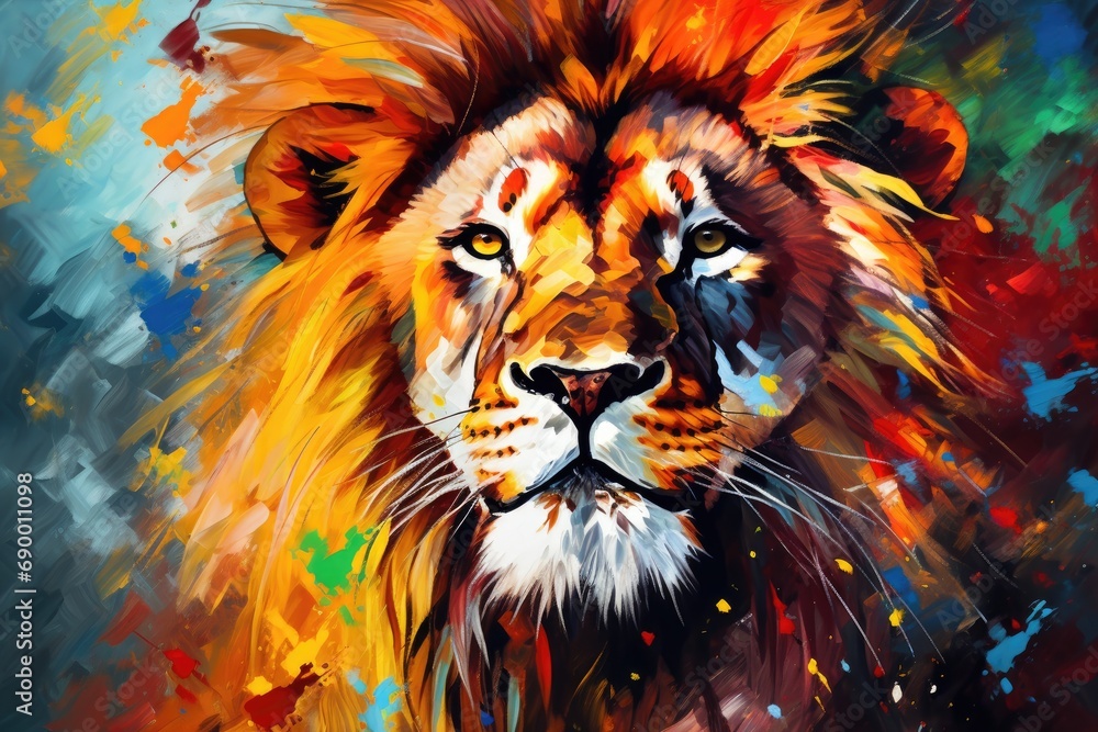 Vibrant and bright and colorful lion animal portrait poster. AI generated