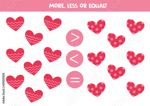 Grater, less or equal with cartoon valentine day hearts.