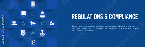 Regulations and Compliance Web Header Banner with Icon Set - Governmental and Approval Stamp