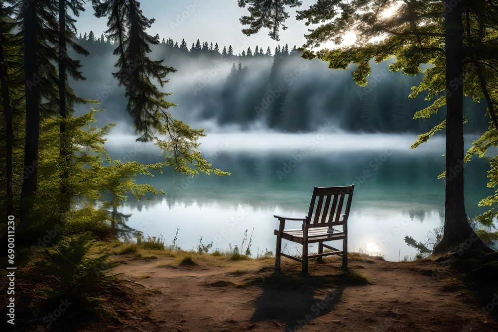 Illustrative interpretation of an empty chair beside a mist-covered lake and forest, combining photography and digital illustration to enhance the dreamlike atmosphere