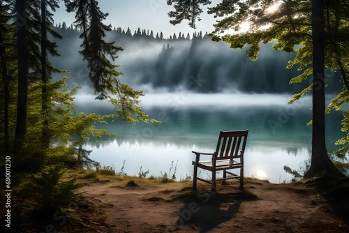 Illustrative interpretation of an empty chair beside a mist-covered lake and forest, combining photography and digital illustration to enhance the dreamlike atmosphere © usama
