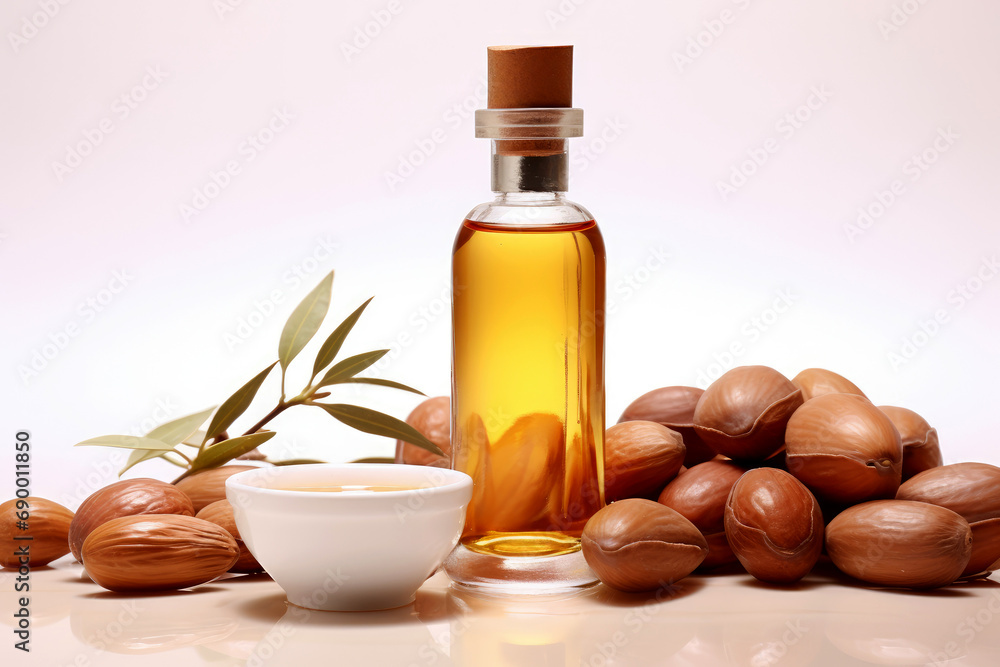 Argan essential oil on a wooden background. Generative AI, Argan essential oil on a wooden background. Generative AI,