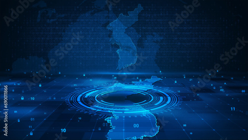 Digital technology security numbers circle background on Korea map HUD