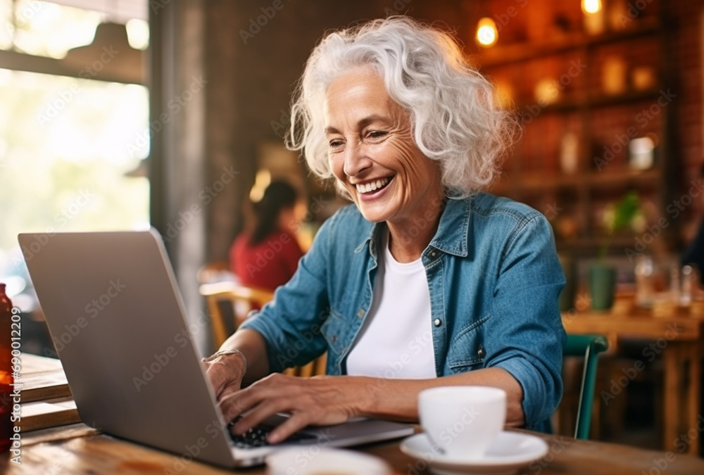 Attractive mature caucasian woman sitting in front of a laptop smiling Attractive mature caucasian woman sitting in front of a laptop smiling