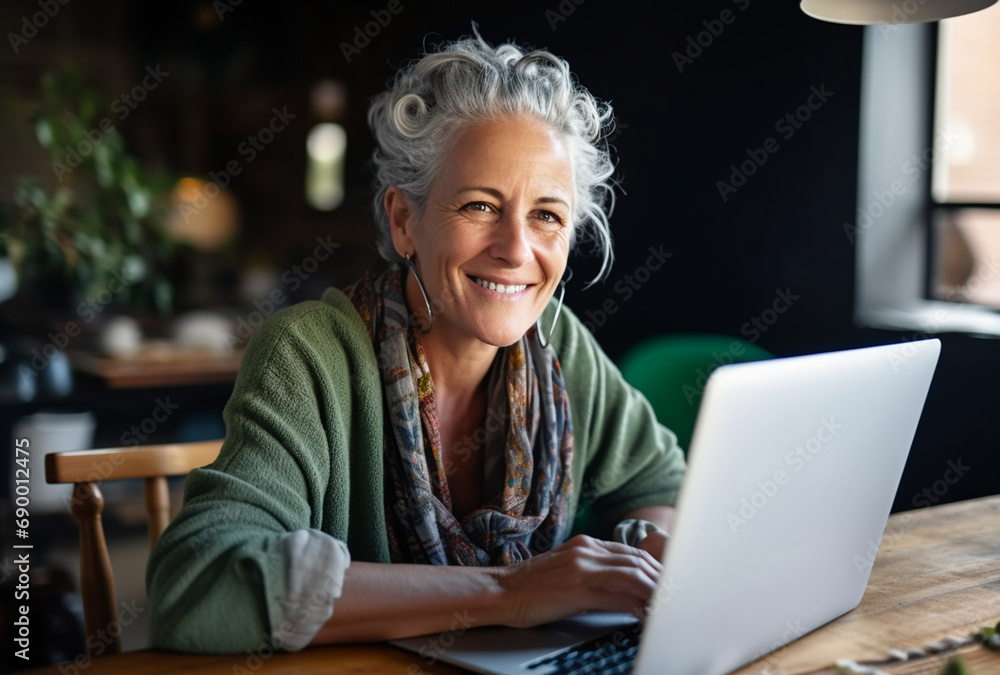 Attractive mature caucasian woman sitting in front of a laptop smiling Attractive mature caucasian woman sitting in front of a laptop smiling