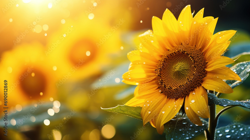 Naklejka premium Sunflower with water drops on the petals. Sunflower natural background.