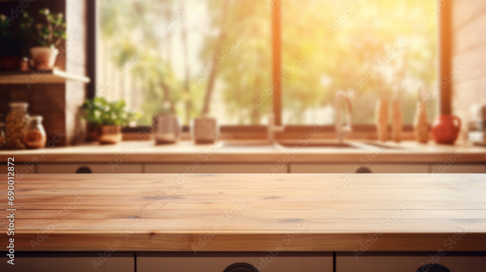 Empty wooden table and blurred kitchen interior background, product display montage Empty wooden table and blurred kitchen interior background, product display montage