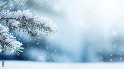 Christmas background with fir branches covered with hoarfrost and snowflakes © tashechka