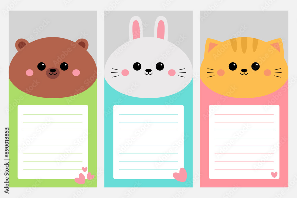 Planner, to do list set. Cute cartoon kawaii cat kitten, bunny, rabbit, bear. Template for notebooks, schedule, planners, checklists, cards, stationery, notepad sheet. Flat design. Baby background. Planner, to do list set. Cute cartoon kawaii cat kitten, bunny, rabbit, bear. Template for notebooks, schedule, planners, checklists, cards, stationery, notepad sheet. Flat design. Baby background.