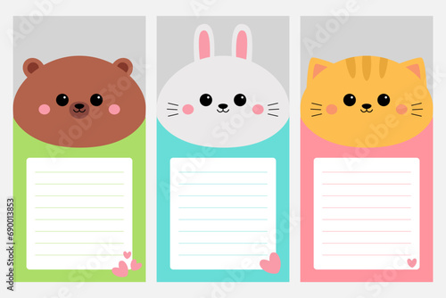Planner, to do list set. Cute cartoon kawaii cat kitten, bunny, rabbit, bear. Template for notebooks, schedule, planners, checklists, cards, stationery, notepad sheet. Flat design. Baby background.
