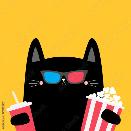 Cat holding popcorn, soda glass. Cute cartoon funny character. Black kitty. Cinema theater. 3d glasses. Film show. Kitten watching movie. Yellow background. Flat design