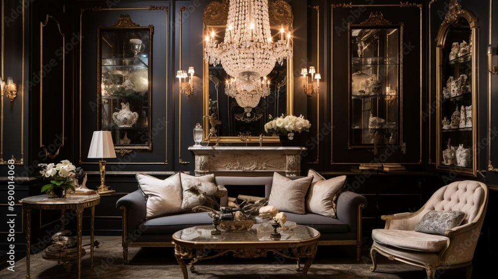 An elegant sitting area in Vintage Glamour Hideaway, adorned with antique furniture, crystal chandeliers, and vintage artwork, creating a timeless and sophisticated atmosphere.